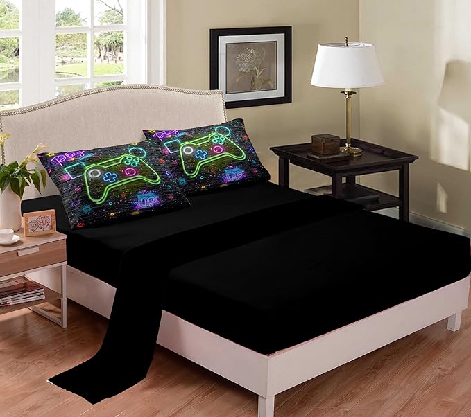 Gamer Comforter Sets for Boys, Twin Boys Bedding Set, 5 Piece Bed in a Bag Twin Boys, Teen Boy Comforter Set, Gamer Bedding Set with Flat Sheet, Fitted Sheet