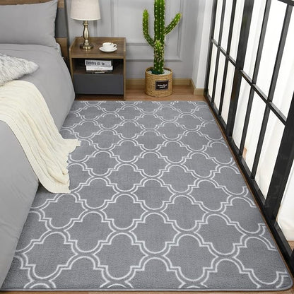 Chicrug Shag Geometric Modern Area Rug for Living Room, 7x10 Feet Large Memory Foam Indoor Carpet, Fluffy Rug for Bedroom Bedside Room Decor for Family Girls Kids Nursery, Grey/White