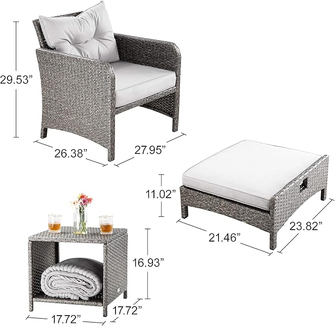 Pamapic 5 Pieces Outdoor Patio Wicker Chairs Set with Ottoman .Outside Conversation Furniture set with Cushions and Coffee for Balcony Porch Lawn Garden Table(Grey Cushion+Light Grey Rattan)
