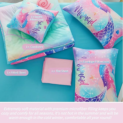RYNGHIPY Mermaid Full Girls Bedding Set, Colorful Rainbow Kids Girls Comforter Set with Sheets Soft and Lightweight, 6 Pieces Teen Girls Bed in a Bag