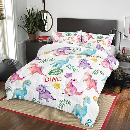 Cartoon Dinosaur Comforter Set Twin 3Pc Kawaii Dinosaur Bedding Set All Season with Tree, Leaf Decoration includes 1 Comforter, 2 Pillowcases for Kids Girls Teens