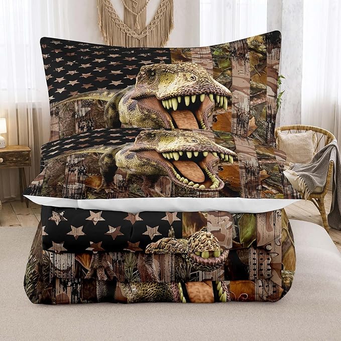 Tailor Shop Dinosaur Boys Comforter Sets Full Size,Dinosaur Bedding Sets for Kids Teens,Camo Comforter Sets American Flag Comforter Sets with 1 Comforter 2 Pillowcase…