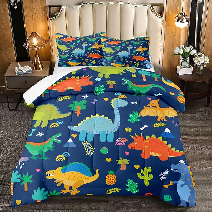 Dinosaur Comforter Set for Boys, Cartoon Dinosaur Bedding Set Queen Size, Cute Blue Pattern Dinosaur Comforter Set for Kids Teens Soft Breathable All Season Quilt 3Pcs with 2 Pillowcases
