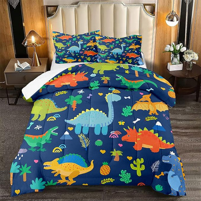 Dinosaur Comforter Set for Boys, Cartoon Dinosaur Bedding Set Queen Size, Cute Blue Pattern Dinosaur Comforter Set for Kids Teens Soft Breathable All Season Quilt 3Pcs with 2 Pillowcases