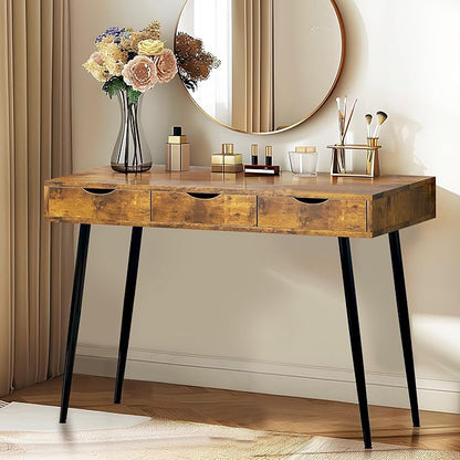 sogesfurniture Mid Century Writing Computer Desk with 3 Drawers, Makeup Vanity Table, 43.3'' Writing Study Desk for Home Office, Dressing Table, Rustic Brown