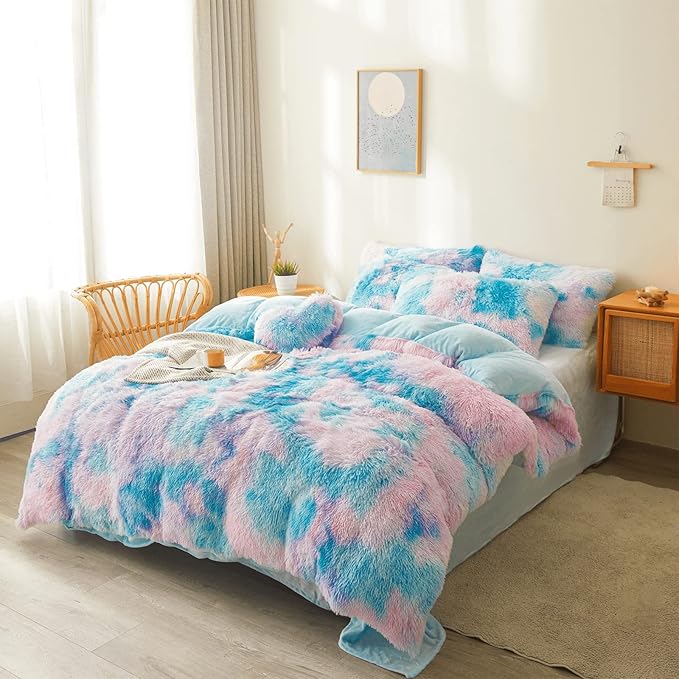 Tie dye Blue Plush Fluffy Comforter Cover Set Queen - Ultra Soft Faux Fur tie dye Bedding Sets 3 Pieces (1 Shaggy Duvet Cover + 2 Pillow case) Fluffy Bed Set (Tie Dye Blue, Queen)