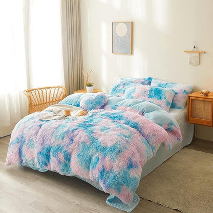 Tie dye Blue Plush Fluffy Comforter Cover Set Queen - Ultra Soft Faux Fur tie dye Bedding Sets 3 Pieces (1 Shaggy Duvet Cover + 2 Pillow case) Fluffy Bed Set (Tie Dye Blue, Queen)