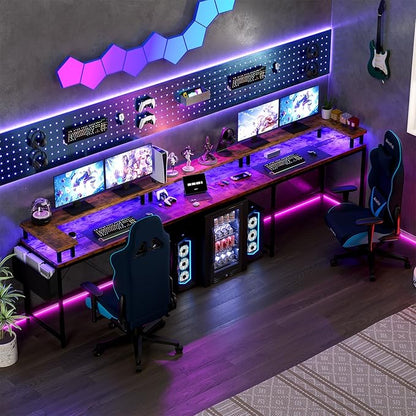 U Shaped Computer Gaming Desk, Reversible L Shaped Desk with Power Outlets, LED Strip & Monitor Stand, Large Corner Desk with Storage Shelves for Home Office, Rustic Brown