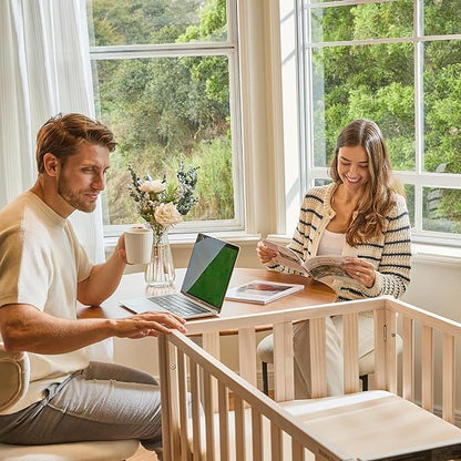 EvoNook 7-in-1 Convertible Mini Crib - Washed White, Portable Folding Baby Mini Crib with 1.5 Inch Mattress, 100% New Zealand Pinewood, 4 Adjustable Mattress Heights