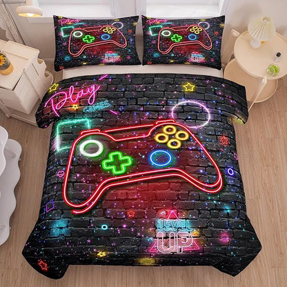 Gamer Comforter Sets for Boys, Full Size Comforter Set for Boys, Boys Bedding Set Full, 5 pcs Bed in A Bag, Gamer Bedding Set with Pillowcase, Flat & Fitted Sheet