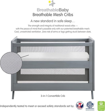 BreathableBaby Breathable Mesh 3-in-1 Convertible Crib (Toddler Bed Kit Sold Separately) — Gray — Two Adjustable Mattress Heights — Greenguard Gold Certified