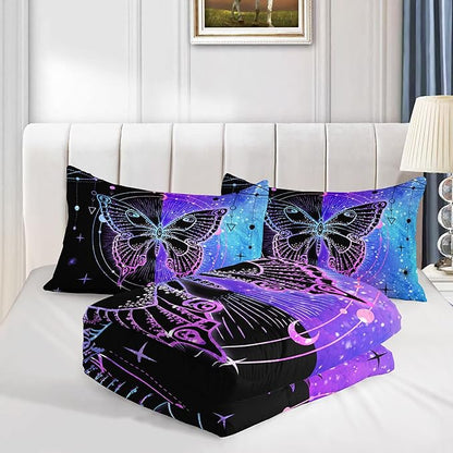 Datura home Black Blue Butterfly Comforter Set for Girls Women,Boho Butterfly Sun and Moon Mandala Printed Bedding Set with 2 Pillowcases(Black Blue Twin)