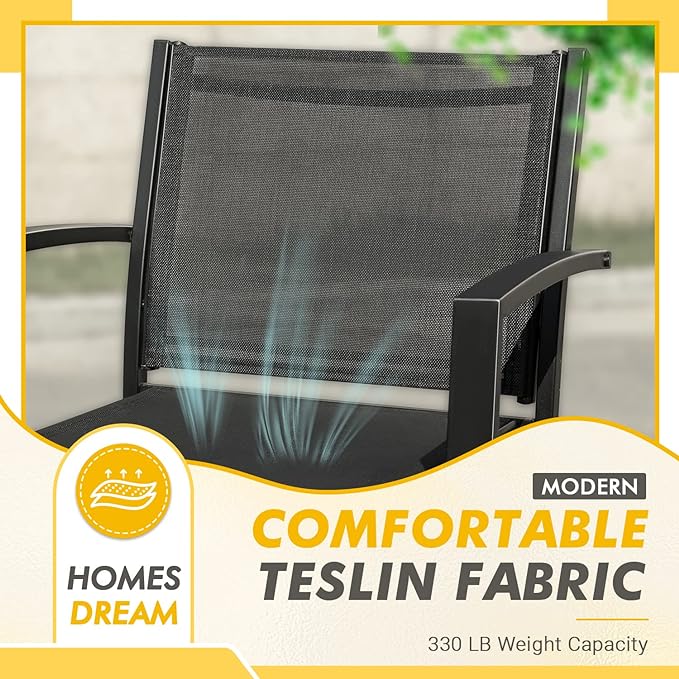 Greesum 3 Pieces Patio Furniture Outdoor Bistro Set Textilene Fabric Chairs for Lawn, Garden, Balcony, Poolside with A Glass Coffee Table, Black
