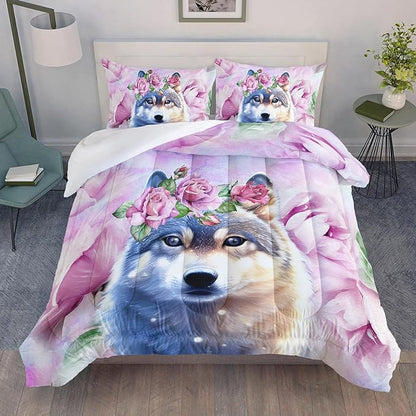 Wolf Comforter Set Tie Dye Wolf Bedding Set for Kids Teens Room Decor Romantic Pink Rose Wild Animals Comforter with 2 Pillowcases