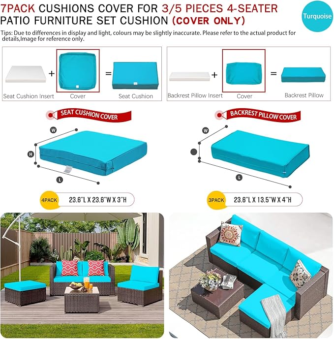 ClawsCover 7Pack Outdoor Seat and Back Cushions Replacement Covers Fit for 3/5 Pieces 4-Seater Wicker Rattan Patio Furniture Conversation Set Sectional Couch,Turquoise-Small (Include Cover Only)