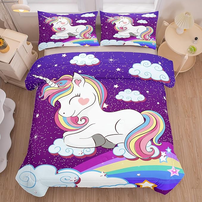 Tailor Shop Unicorn Bedding Sets for Girls Kids Teens,Purple Unicorn Comforter Sets Full Size with 2 Pillowcase…