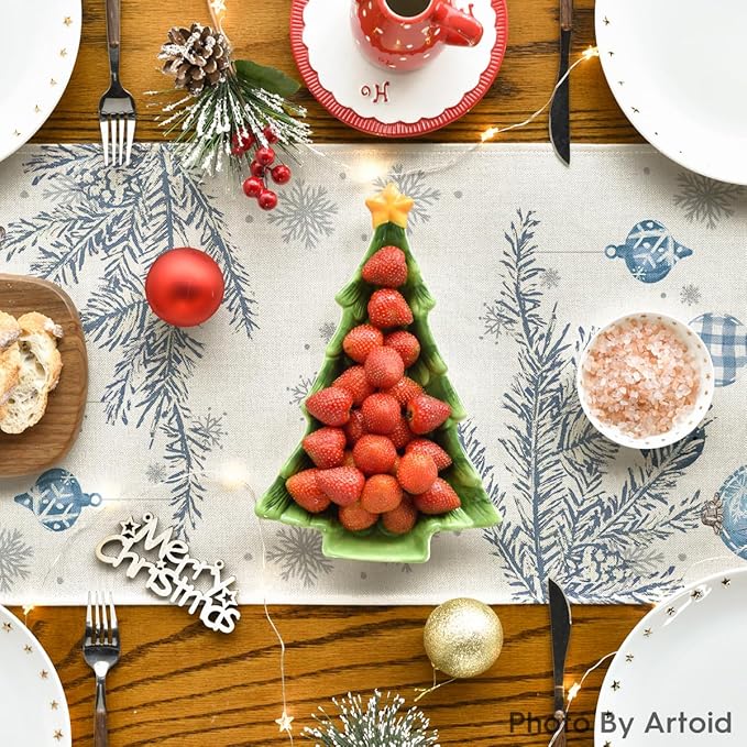 Artoid Mode Blue Pine Trees Merry Christmas Table Runner, Winter Xmas Holiday Kitchen Dining Table Decoration for Home Party Decor 13x90 Inch