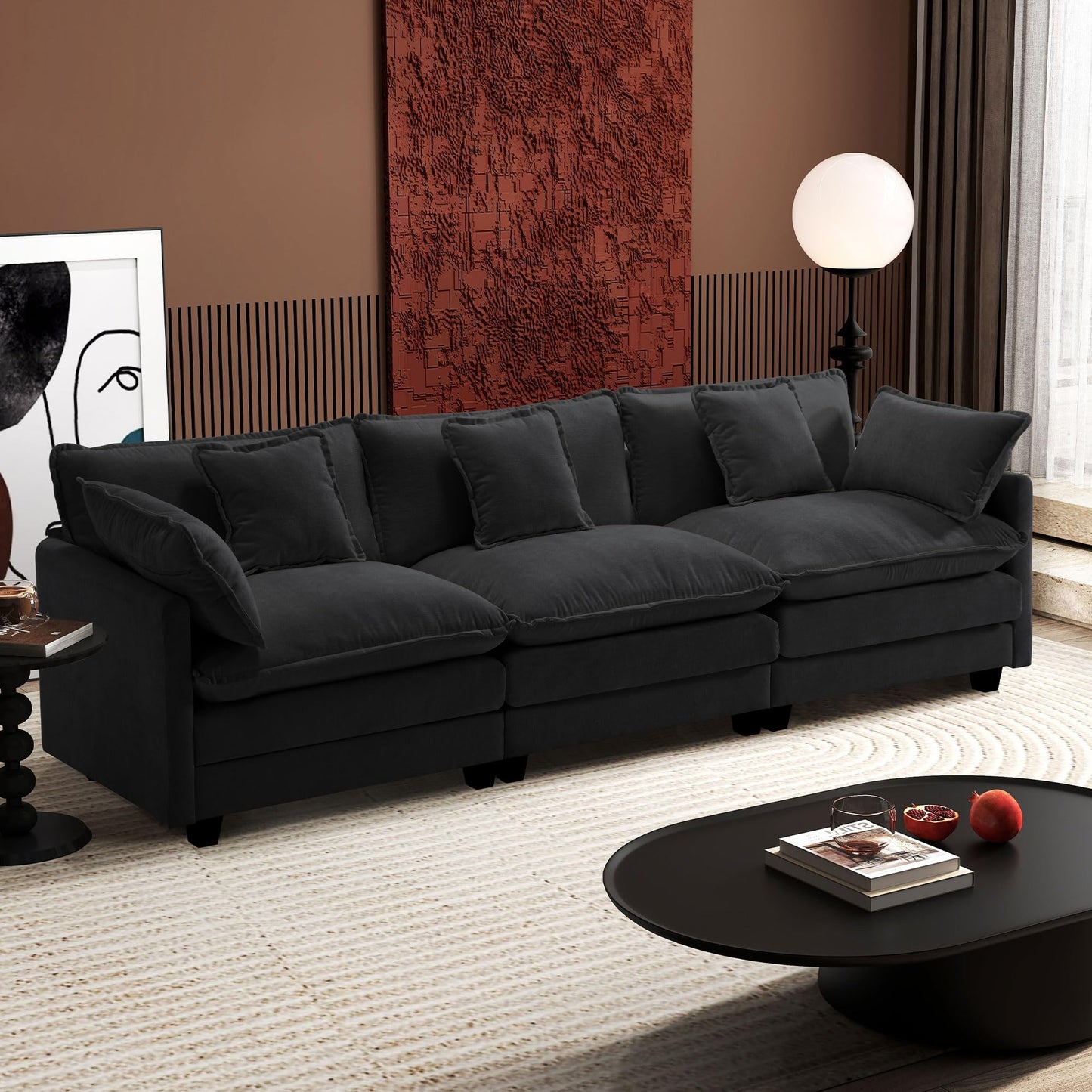 Ihanherry 111.4" L Shaped Modern Sofa Modular Sectional Cloud Couch with Ottoman, 4-Seat Chenille Deep Seat Sofa with Pillow for Living Room, Bedroom and Apartment, Beige