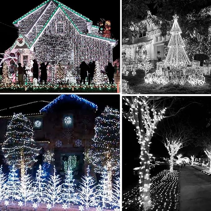 Dazzle Bright 2 Pack Total 400LED 132FT White Christmas Solar String Outdoor Lights, Solar Powered with 8 Modes Waterproof Fairy Lights for Bedroom Patio Garden Tree Party Yard Decoration