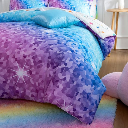 A Nice Night 6Pcs Gradient Abstract Art Grid Mosaic Geometric Bedding Set for Girls, Colorful Rainbow Galaxy Comforter Set, Ultra Soft Bedding Sets (PinkBlue,Twin 6Pcs)