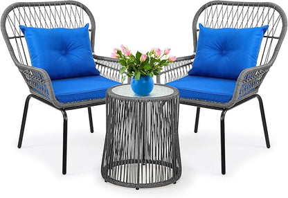 YITAHOME 3-Piece Outdoor Patio Furniture Wicker Bistro Set, All-Weather Rattan Conversation Chairs for Backyard, Balcony and Deck with Soft Cushions, Glass Side Table (Gray+Navy Blue)