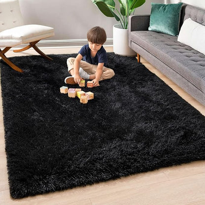 Super Soft Fluffy Shaggy Rugs 4x5.9 Feet for Living Room Bedroom, Fuzzy Plush Area Rugs for Girls Kids Room Nursery Home Decor, Furry Dorm Cute Non-Slip Indoor Floor Carpet, Black