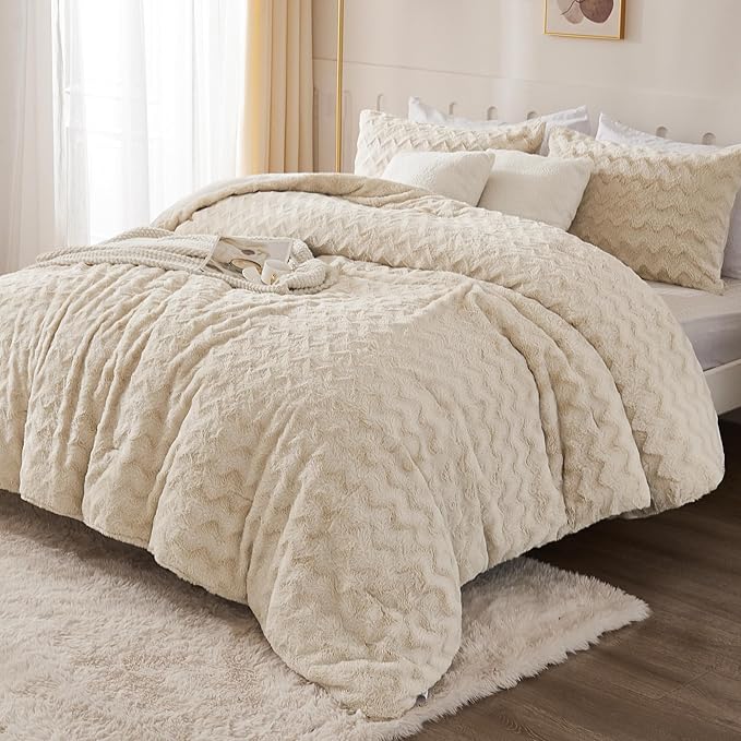Andency Beige Fleece Comforter Set Queen Size, 3 Pieces Shaggy Faux Fur Bedding Comforter Set for Queen Bed, Fuzzy Plush Warm Sherpa Bed Comforter Set for Women Man