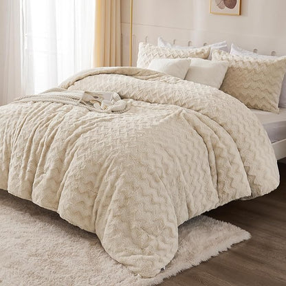Andency Beige Fleece Comforter Set Queen Size, 3 Pieces Shaggy Faux Fur Bedding Comforter Set for Queen Bed, Fuzzy Plush Warm Sherpa Bed Comforter Set for Women Man