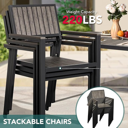 Pamapic Aluminum Outdoor Dining Set, Patio Dining Set for 8 with 6 Outdoor Stackable Chairs, Patio Table and Chairs Set with Plastic-Wood Table Top for Patio, Garden(Charcoal Gray)