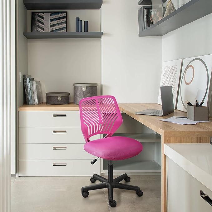 Yaheetech Students Cute Desk Chair Low-Back Armless Study Chair w/Lumbar Support Adjustable Swivel Chair in Home Bedroom School, Rose Red