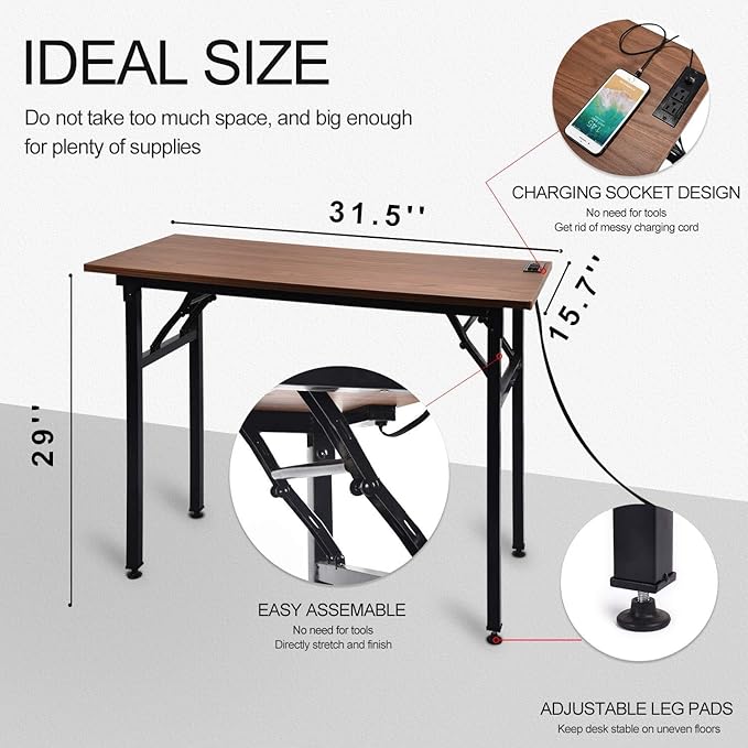 Frylr Small Folding Writing Desk with USB Ports & Power Plugs 31.5x15.7x29 Inch Small Office Computer Desks Portable for Home Office, Foldable Student Study Tables for Small Space, Walnut