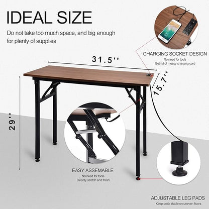 Frylr Small Folding Writing Desk with USB Ports & Power Plugs 31.5x15.7x29 Inch Small Office Computer Desks Portable for Home Office, Foldable Student Study Tables for Small Space, Walnut