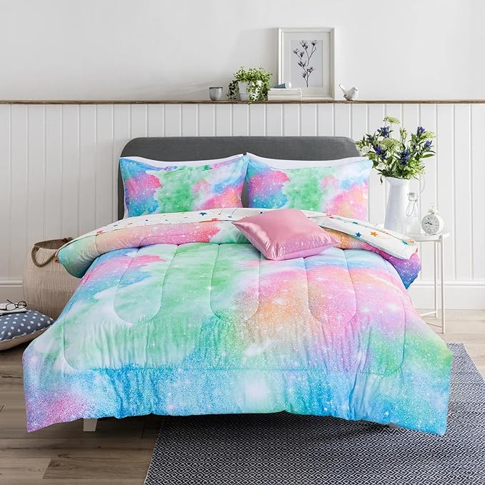 A Nice Night Galaxy 6pcs Kids Bed in a Bag Outer Space Comforter 3D Printed Space Quilt Set Glitter Pink Green Color,for Children Boy Girl Teen Kids,Queen