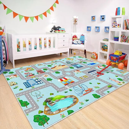 Kids Car Rug, 6x9 City Life Traffic Road Playmat for Toy Cars Trains, Non-Slip Race Track Carpet Educational Fun Area Rugs for Boy and Girl Bedroom Nursery