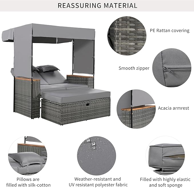 Outdoor Conversation, 2-Piece Patio Bench Rattan Roof Set, Effective UV Protection Waterproof Cushions and Adjustable Backrest for Garden, Backyard and Porch, Zg-Grey Wicker + Grey Fabric