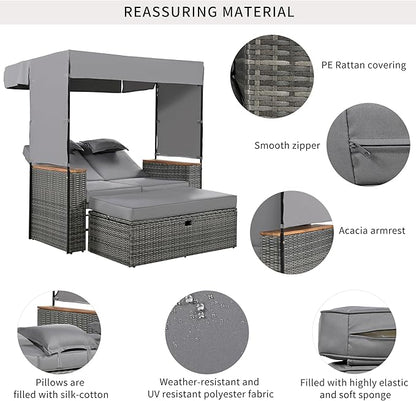 Outdoor Conversation, 2-Piece Patio Bench Rattan Roof Set, Effective UV Protection Waterproof Cushions and Adjustable Backrest for Garden, Backyard and Porch, Zg-Grey Wicker + Grey Fabric