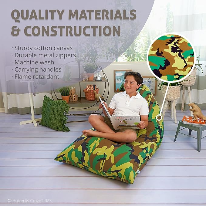 Butterfly Craze Bean Bag Chair Cover, Functional Toddler Toy Organizer, Fill with Stuffed Animals to Create a Jumbo, Comfy Floor Lounger for Boys or Girls, Stuffing Not Included, Camo