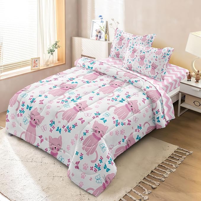 Kids Cat Bedding Twin Size Bed in a Bag, Cute Pink Animal Comforter Set for Teen Girls Bedroom Decor, Kawaii Floral Butterfly Bedding Sets & Collections