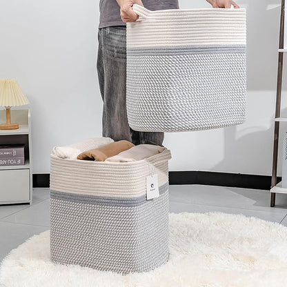 Medium and Large Woven Basket/With Handle, Baskets Laundry Hamper Wicker Tall Cotton Toy Storage Basket,Decorative Basket for Living room,Basket for Toys, 2bag