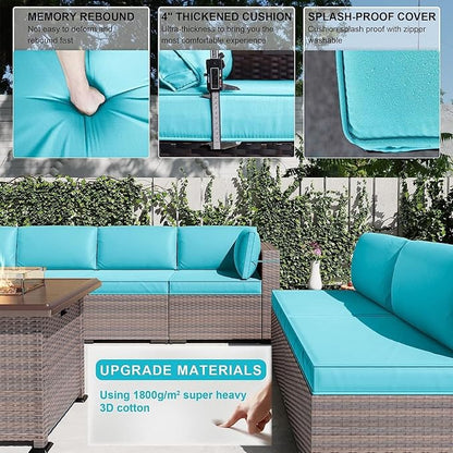 Kullavik 13PCS Outdoor Patio Furniture Set with 43" 55000BTU Gas Propane Fire Pit Table PE Wicker Rattan Sectional Sofa Patio Conversation Sets,Blue
