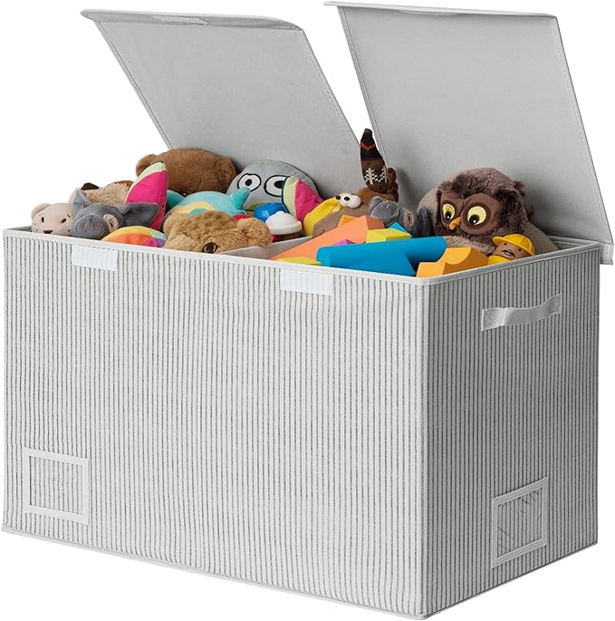 GRANNY SAYS Toy Chest with Lids, Foldable Toy Storage Organizer with Handles, Stuffed Animal Storage for Nursery Room Playroom, Living Room, Large Toy Box for Girls and Boys, White/Black