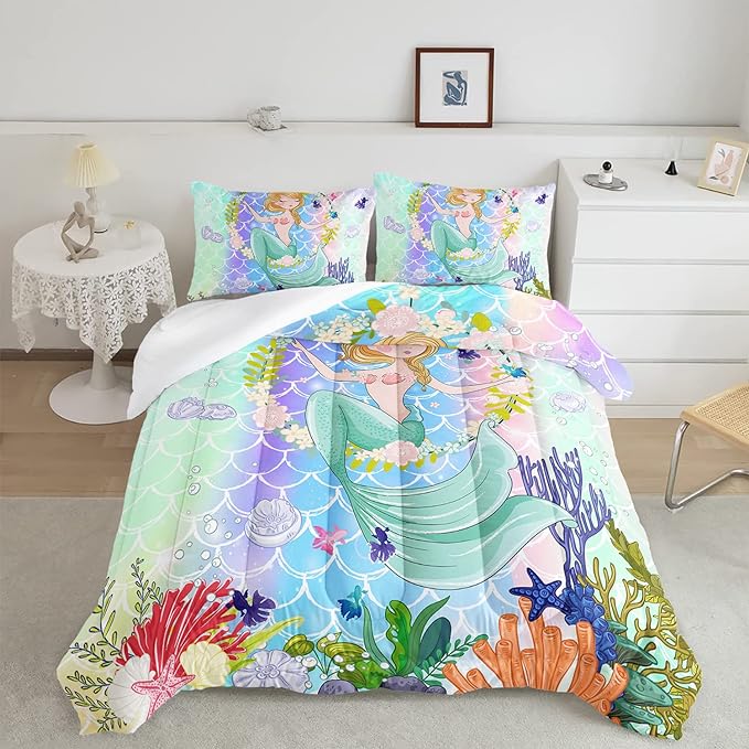 CVHOUSE Mermaid Comforter Set,Ocean Sea Mermaid Bedding Set for Girls Kids Teens,Mermaid Comforter Butterflies Duvet Set Room Decor Quilt Set Full Size