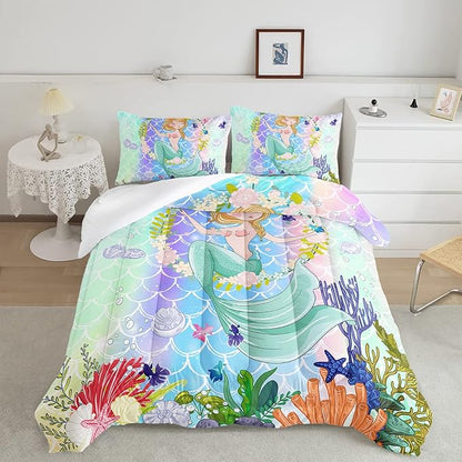 CVHOUSE Mermaid Comforter Set,Ocean Sea Mermaid Bedding Set for Girls Kids Teens,Mermaid Comforter Butterflies Duvet Set Room Decor Quilt Set Twin Size