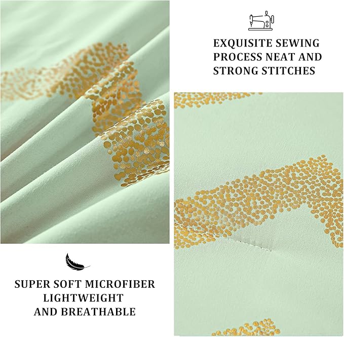 Sage Green/Gold Comforter Set Queen, Metallic Print Glitter Bedding Set Cute Shinny Bed Sets for Teen Girls Kids Women, 4 Piece (2 Pillowcases, 1 Decorative Pillow Sham)