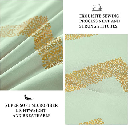 Sage Green/Gold Comforter Set Queen, Metallic Print Glitter Bedding Set Cute Shinny Bed Sets for Teen Girls Kids Women, 4 Piece (2 Pillowcases, 1 Decorative Pillow Sham)