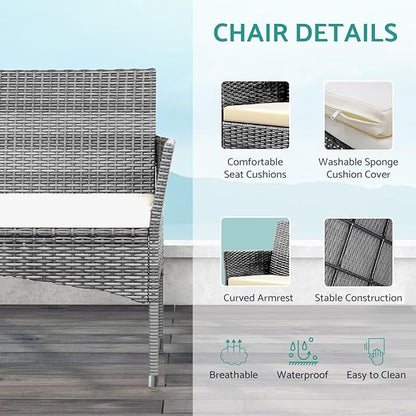 Patio Furniture, 4 Piece Conversation Set, Outdoor Wicker Rattan Table and Chairs, Sectional Sofa with Thick Cushion for Garden, Yard, or Porch, Grey