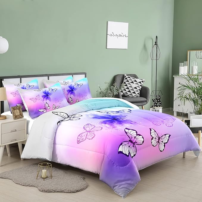 Tailor Shop Butterfly Comforter Set for Girls Kids Teens,Pink Butterfly Bedding Set King Size,Tie Dye Butterflies Comforter Set Butterfly Room Decor Set,with 1 Comforter and 2 Matching Pillowcase…