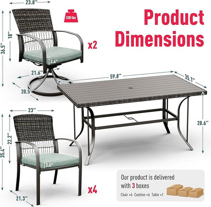 Pamapic 7 Piece Patio Dining Set for 6,Outdoor Wicker Furniture Set for Backyard Garden Deck Poolside with 4 Dining Chairs and 2 Swivel Rockers,Iron Slats Table Top, Removable Cushions(Green)