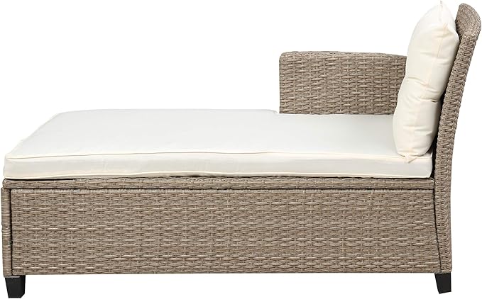 Outdoor Patio Furniture Sets, 4 Piece Rattan Conversation Sofa Wicker Sectional Couch with Chaise Lounge, Single Sofachair, Seat Cushions and Glass Table, for Garden Backyard Deck, Beige