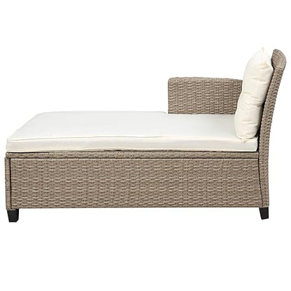 4PCS Patio Furniture Set, Outdoor Wicker Conversation Sectional L-Shaped Sofa with 4 Seater Thickness Coffee Table, for Backyard, Porch, Onesize, E-Beige Cushion+Brown Rattan
